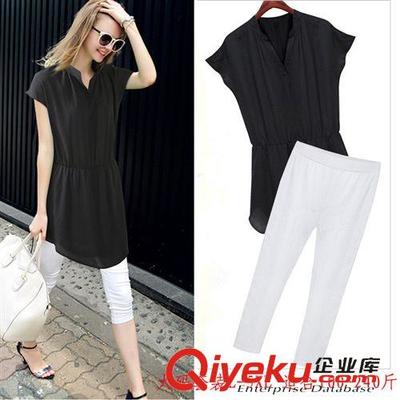 2015新款大码女装V领短袖雪纺上衣7分裤休闲套装，厂家直批为胖MM打造夏日舒适时尚